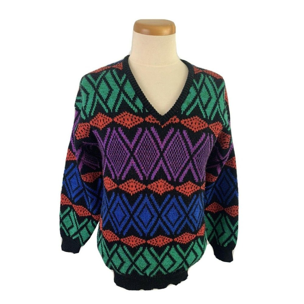 Vintage 80s Pronto Moda Women's S Sweater Metallic Acrylic Geometric V-Neck